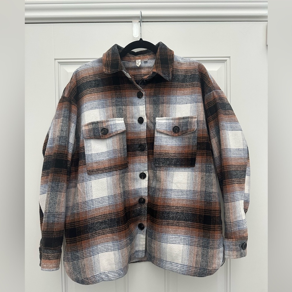 Elan Riley Brown, Blue, Grey and Cream Plaid Shirt Jacket